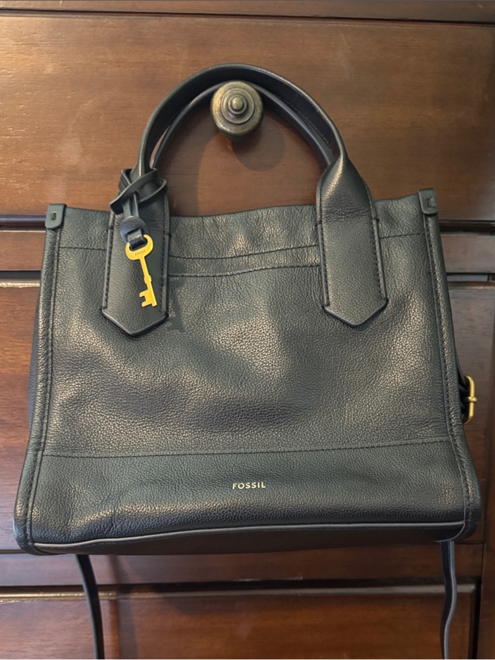 Fossil Black Leather Satchel with Gold Key Charm